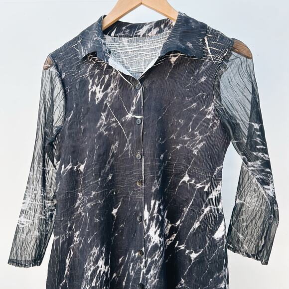 Komarov Black Marble Collared Long Sleeve Charmeuse Crinkle Mini Dress Small - Picture 3 of 10